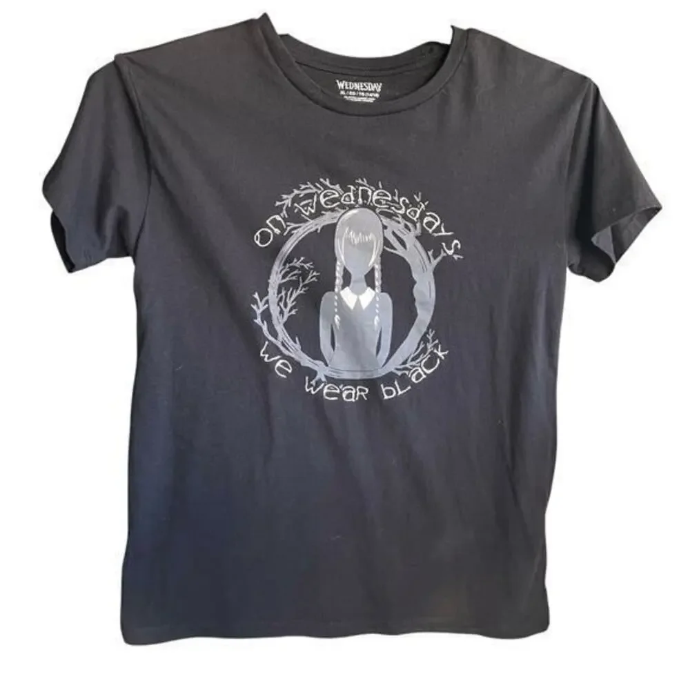 WEDNESDAY girls black logo tee We Wear Black On Wednesday Goth NWOT SZ xL